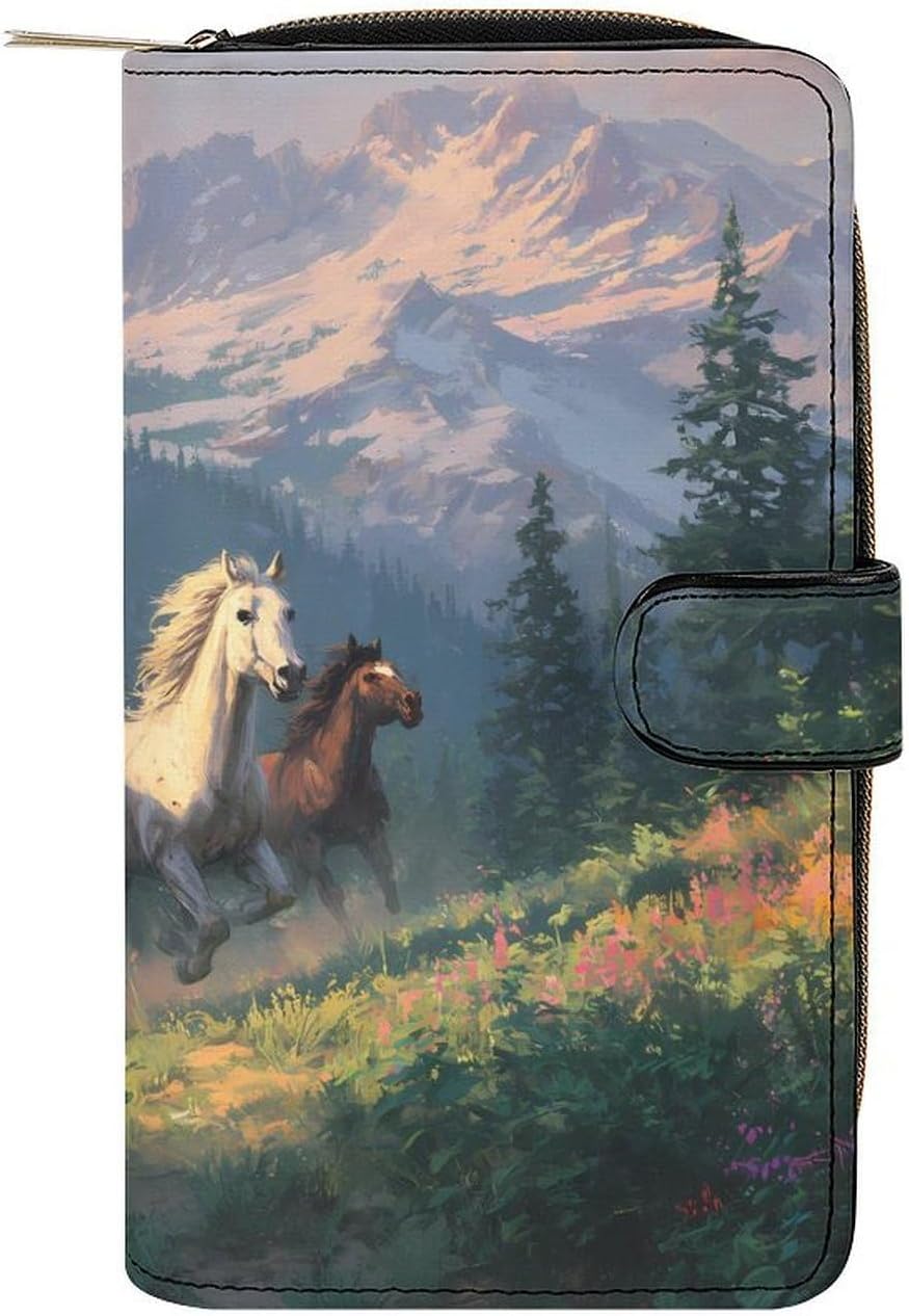 Wild Horses Galloping Snowy Mountains Clutch Purses for Women Long Wallet Coin Pouch Card Holder with ID Window