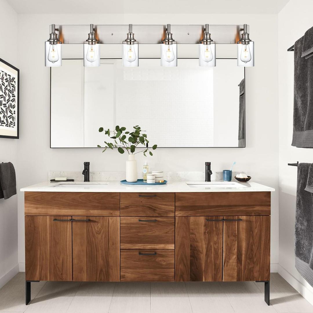 Image of Brushed Nickel 6 Light Bathroom Vanity Lights with Clear Glass Shade, Modern Industrial Bathroom Lighting Fixtures Over Mirror, E26 Vanity Wall Sconces for Bedrom Podwer Room Hallway