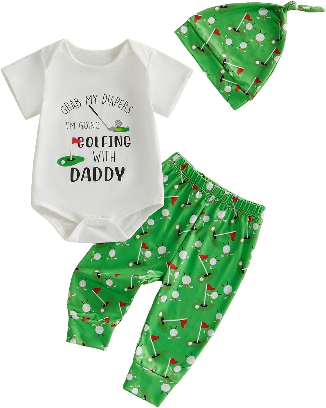 YOKJZJD 3Pcs Newborn Baby Boy Golf Outfit Grab My Diapers I'm Going Golfing With Daddy Romper Shirt Pants Set Summer Clothes