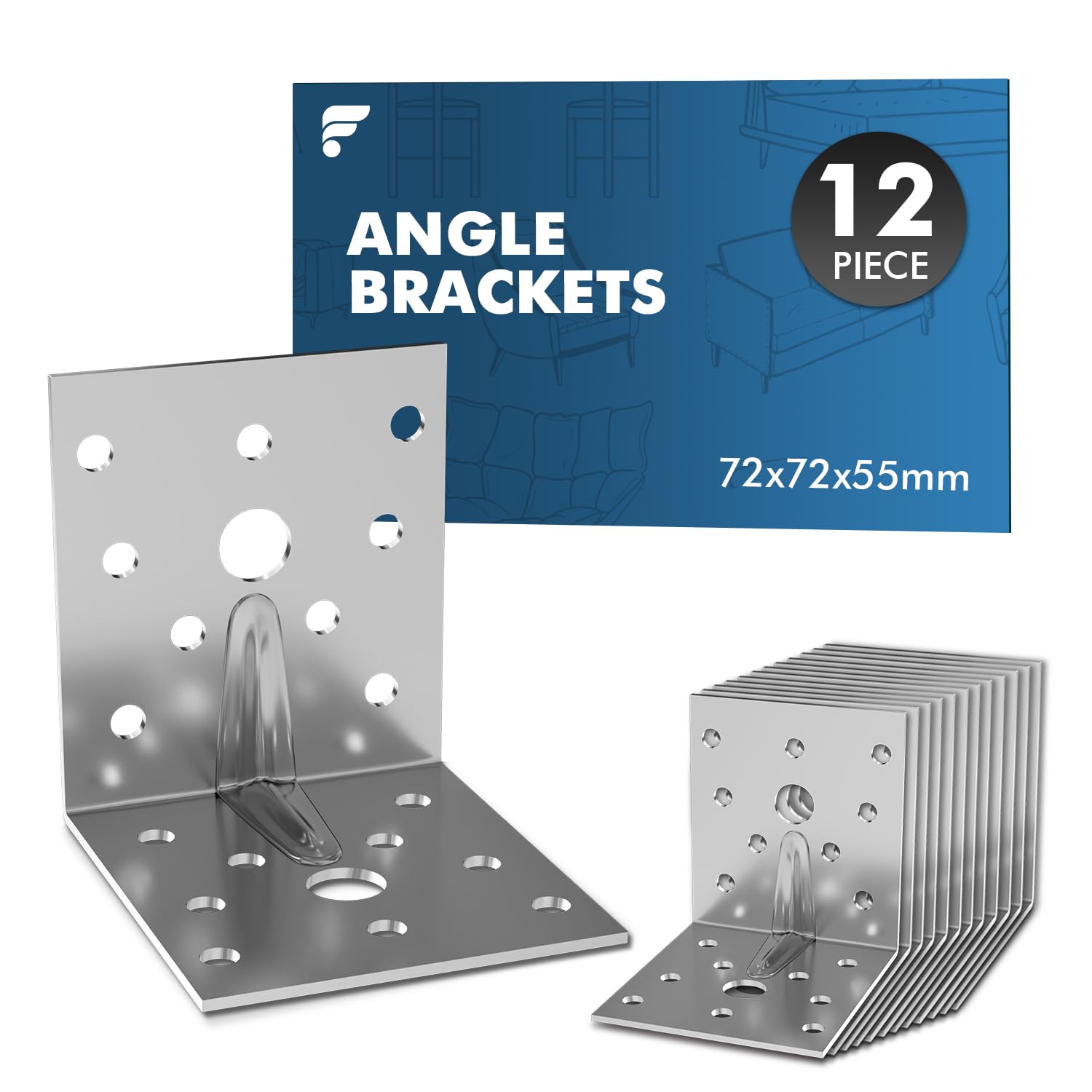 12PCS 72×72×55mm Heavy Duty Angle Brackets, Galvanised L Brackets for Wood, 2.5mm Thick Metal Corner Brackets, Reinforced Ribbed Right Angle Brackets for Shelves, Furniture, DIY Joint Repair Connector