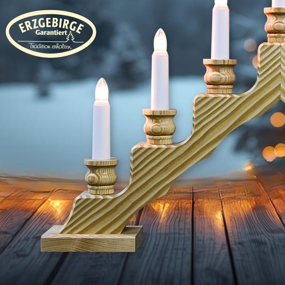 WEIGLA - Schwedenleuchter original Erzgebirge I Trendiger Schwede Natur I LED I Schwibbogen Weihnachten I 7 Lampenkerzen + 1 Ersatzlampe I 7 x 34 V, 0,2 W, E10 I Weihnachtsdeko innen I Kiefernholz