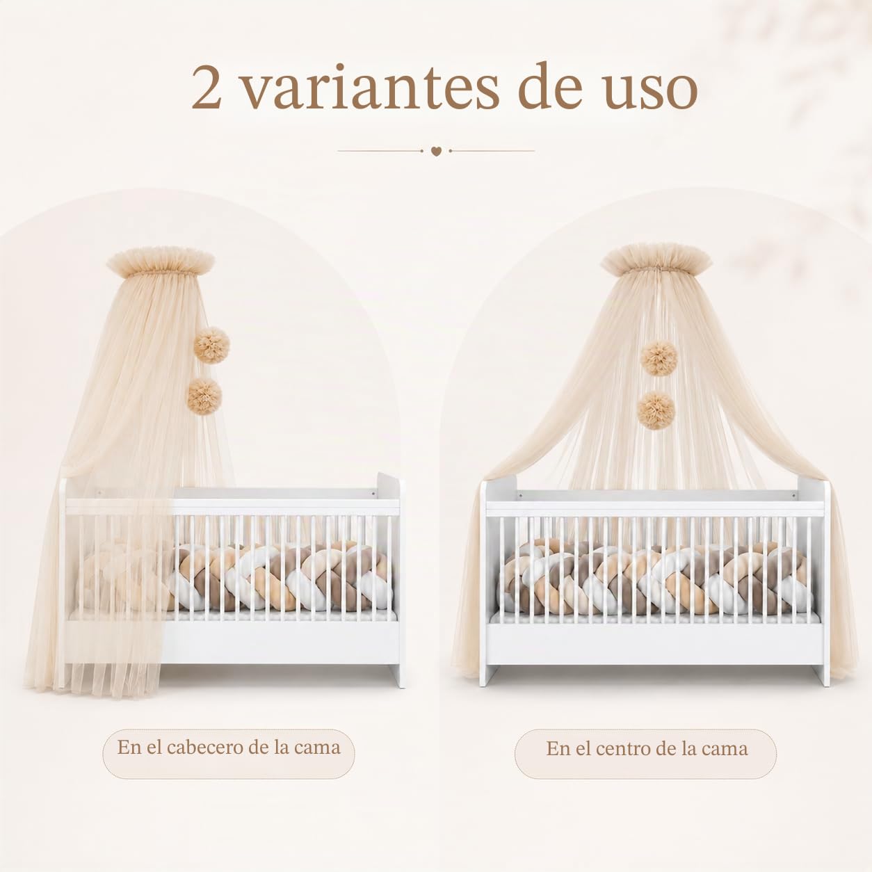 Dosel de Tul para Cuna de Bebé - Princesa, Auxiliar, Mosquitera - Decoración de Habitación Infantil - 165 cm de Largo Con Pompones - Color Topo