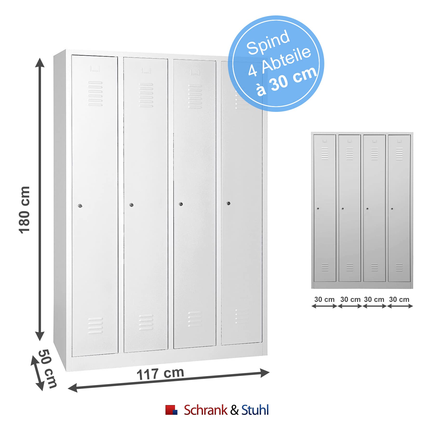 Schrank & Stuhl Spind – Metallspind mit 4 Abteilen, Schließfachschrank mit Hutboden, 30 cm Abteilbreite, Lieferung komplett montiert (Grau, mit Drehriegelverschlüssen)