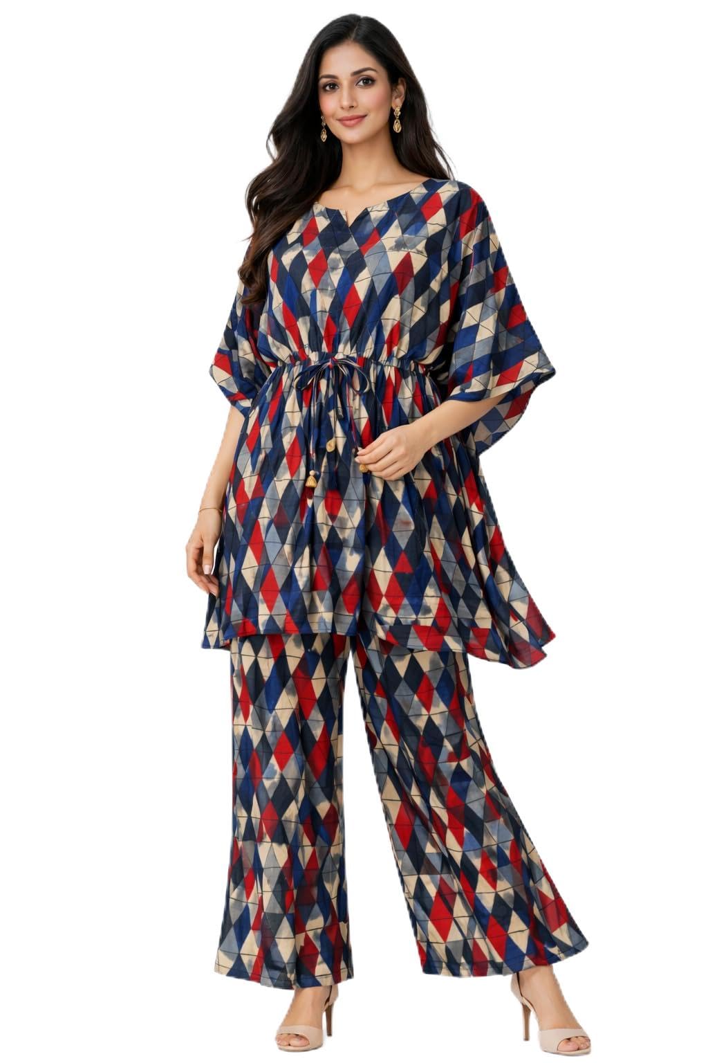 Women Blue Printed Kaftan Co-ord Set | Geometric Print Tunic Top with Palazzo Pants | Stylish Lounge Wear | Casual & Travel Co-Ord Set for Women-image-24