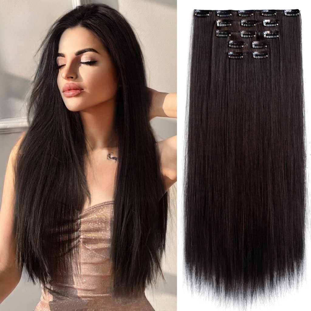 Hair Extensions And Wigs Women's Straight 7 Clip Synthetic Hair Extensions for Women and Girls Wedding use (straight dark brown)