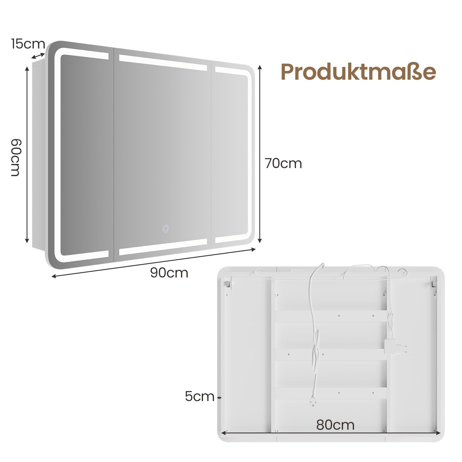 3-türiger Spiegelschrank Bad mit 360° Rundumsicht – 80 cm breit, +5 cm Überstand, LED Touch-Sensor, 3 Lichtfarben, dimmbar & integrierte Ladestation (2 USB + 2 Steckdosen)