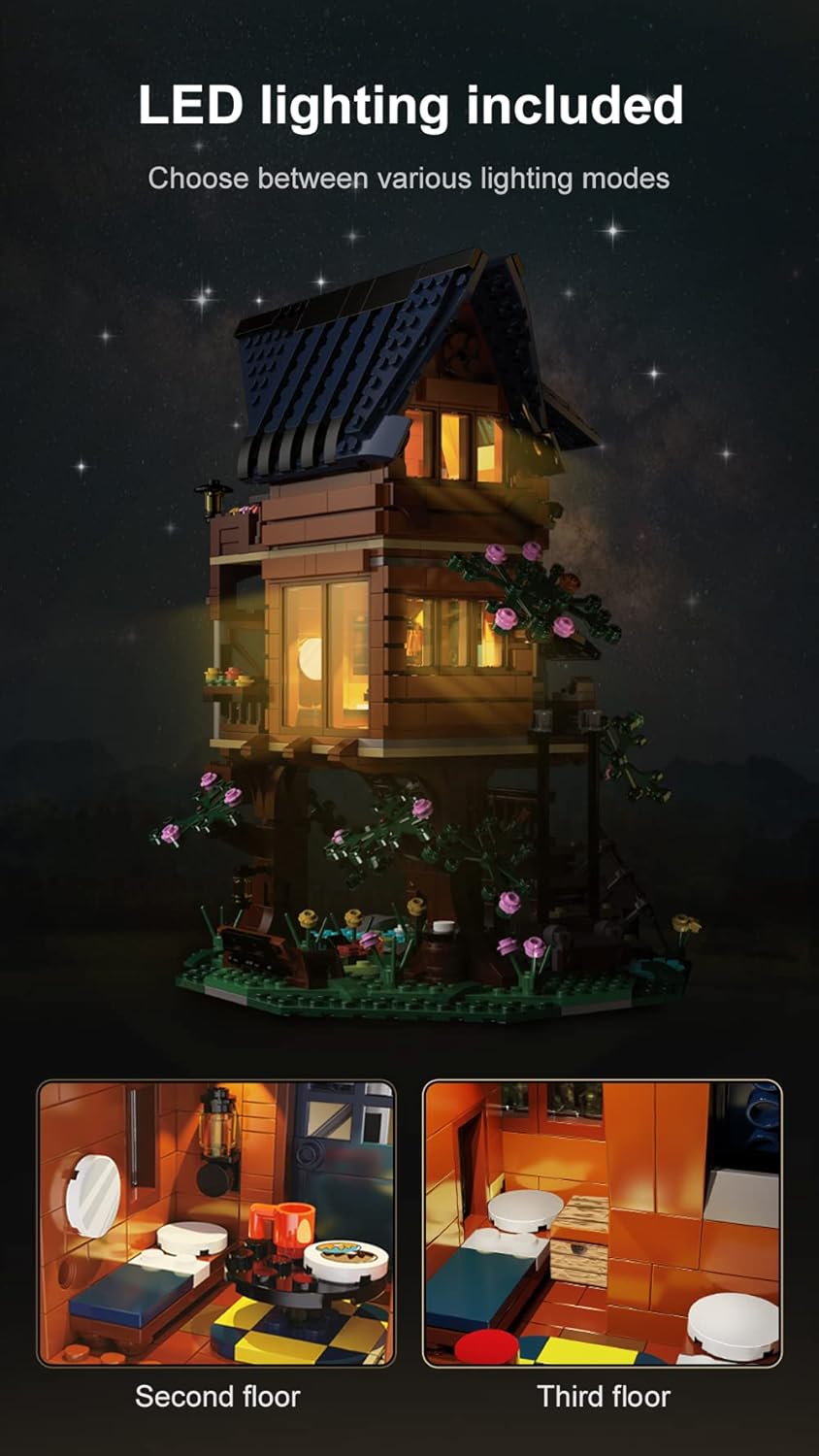 CaDA Tree House illuminated by LED lights at night, with close-ups of the second and third floor interiors