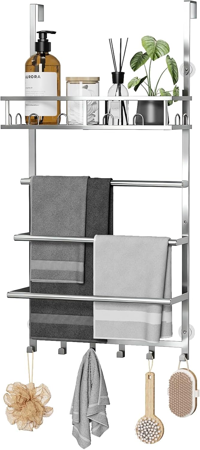 Aetyord Towel Racks for Bathroom Over The Door Towel Rack Towel Storage with Metal Shelf Basket and Hooks Silver
