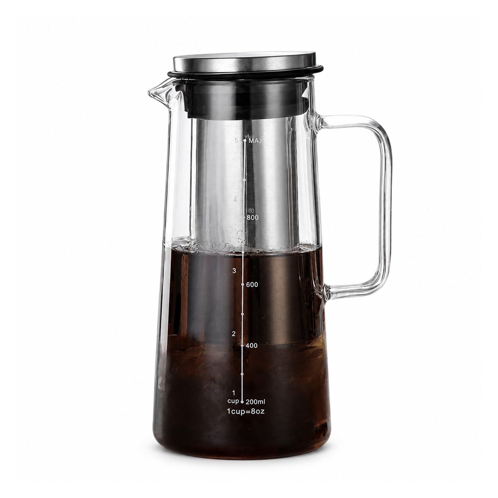 Caffettiera Cold Brew da 1,4 L, Caraffa Cold Brew con Filtro Fine Rimovibile, Brocca caffè Freddo in Vetro Borosilicato e Acciaio Inox per caffè e tè(1000ml)