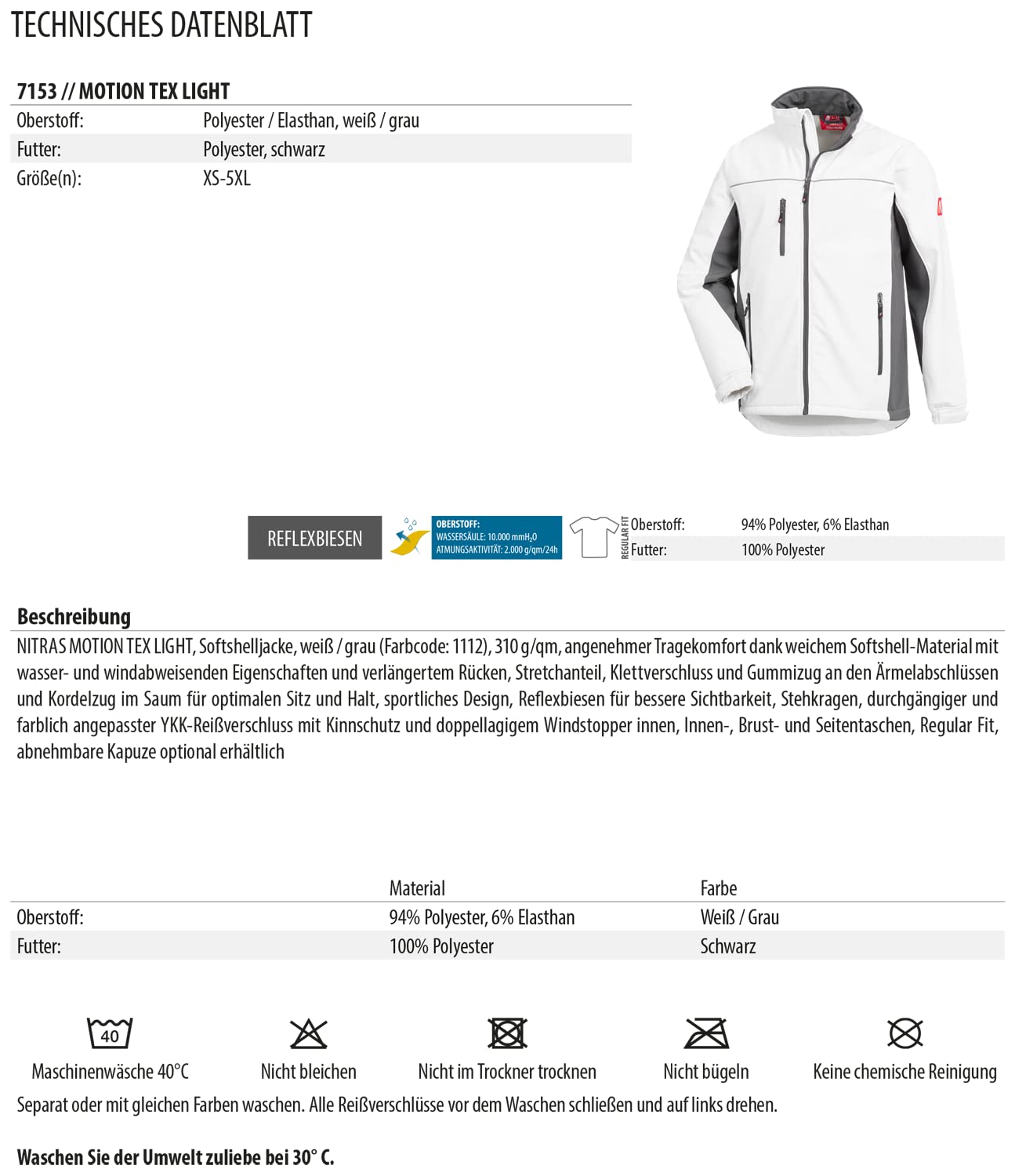 Nitras Motion Tex Light 7153 Softshelljacke - windfeste Jacke für die Arbeit - Weiß - XL