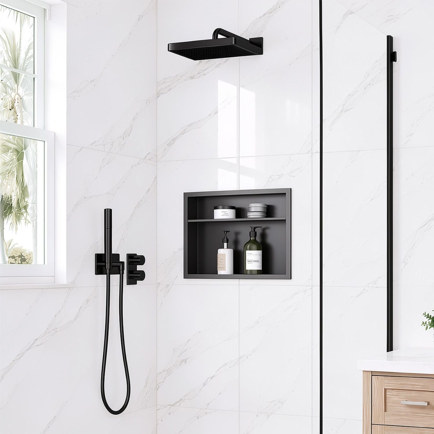 14 x 18 Inch Stainless Steel Shower Niche, No Tile Needed Wall Niche with Double Shelves, Recessed Wall Niche Insert for Bathroom Shower Kitchen Storage, Matte Black