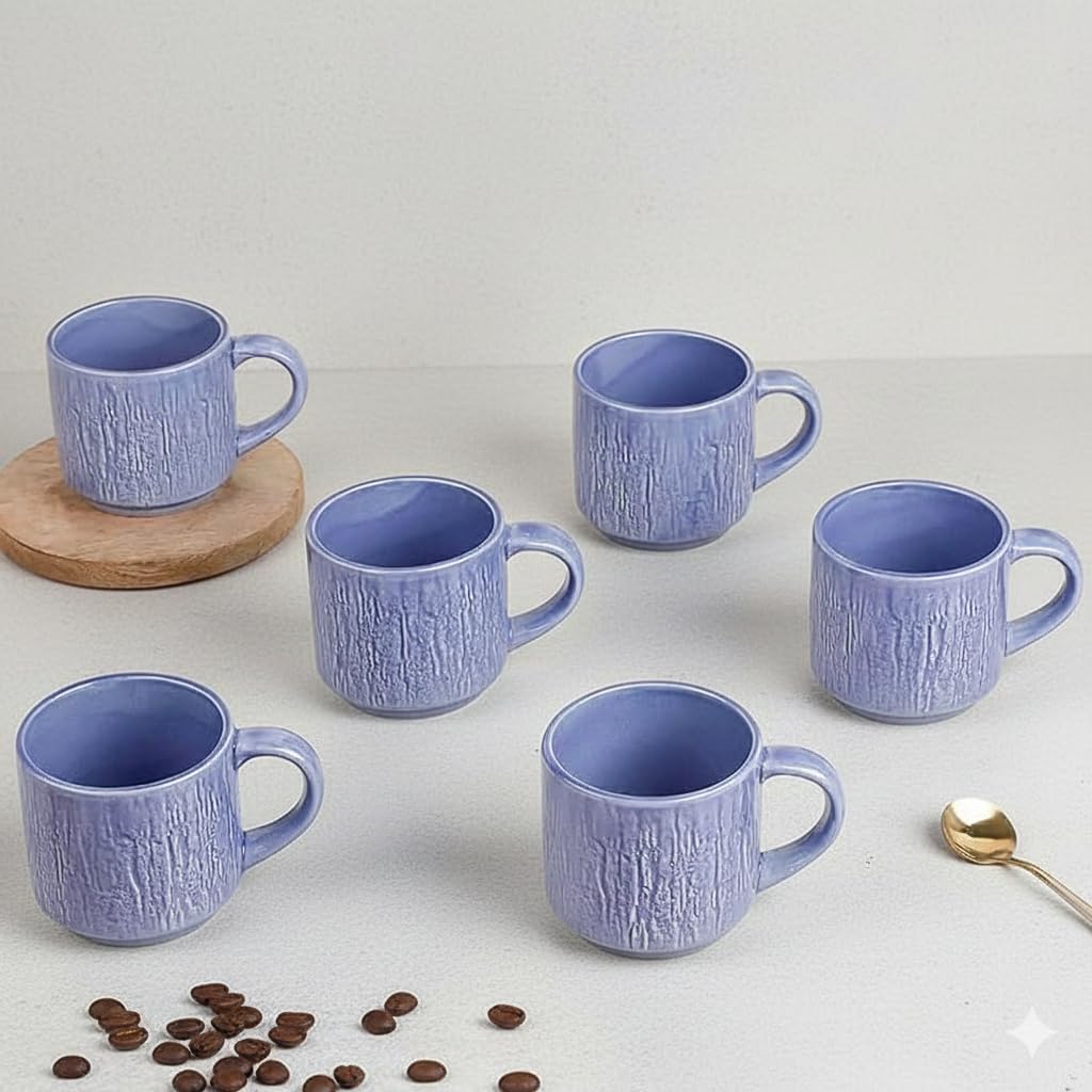 IZZYLYF 'Sky Stone Classic Blue' Ceramic Tea Cups Set of 6, 240 ml Each, Microwave and Dishwasher Safe Tea Coffee Cups with Handle, Ideal for Home, Kitchen, Office, Cafe and Gifting Use