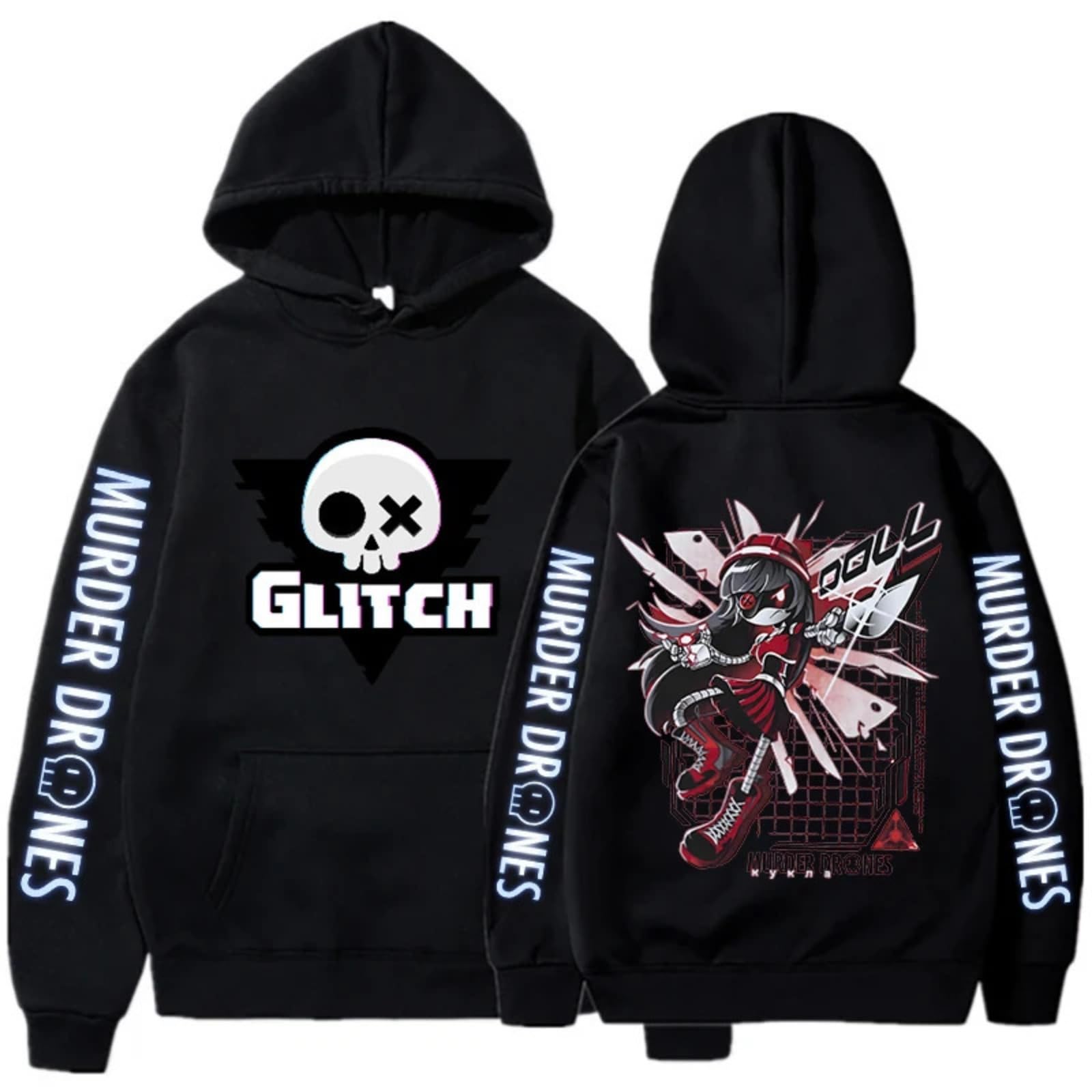 BTAISYDE Murder-Drones Hoodie, Harajuku Style Pullover, Vintage Unisex Sweatshirt, Side Seam Pockets (Black 8,L)