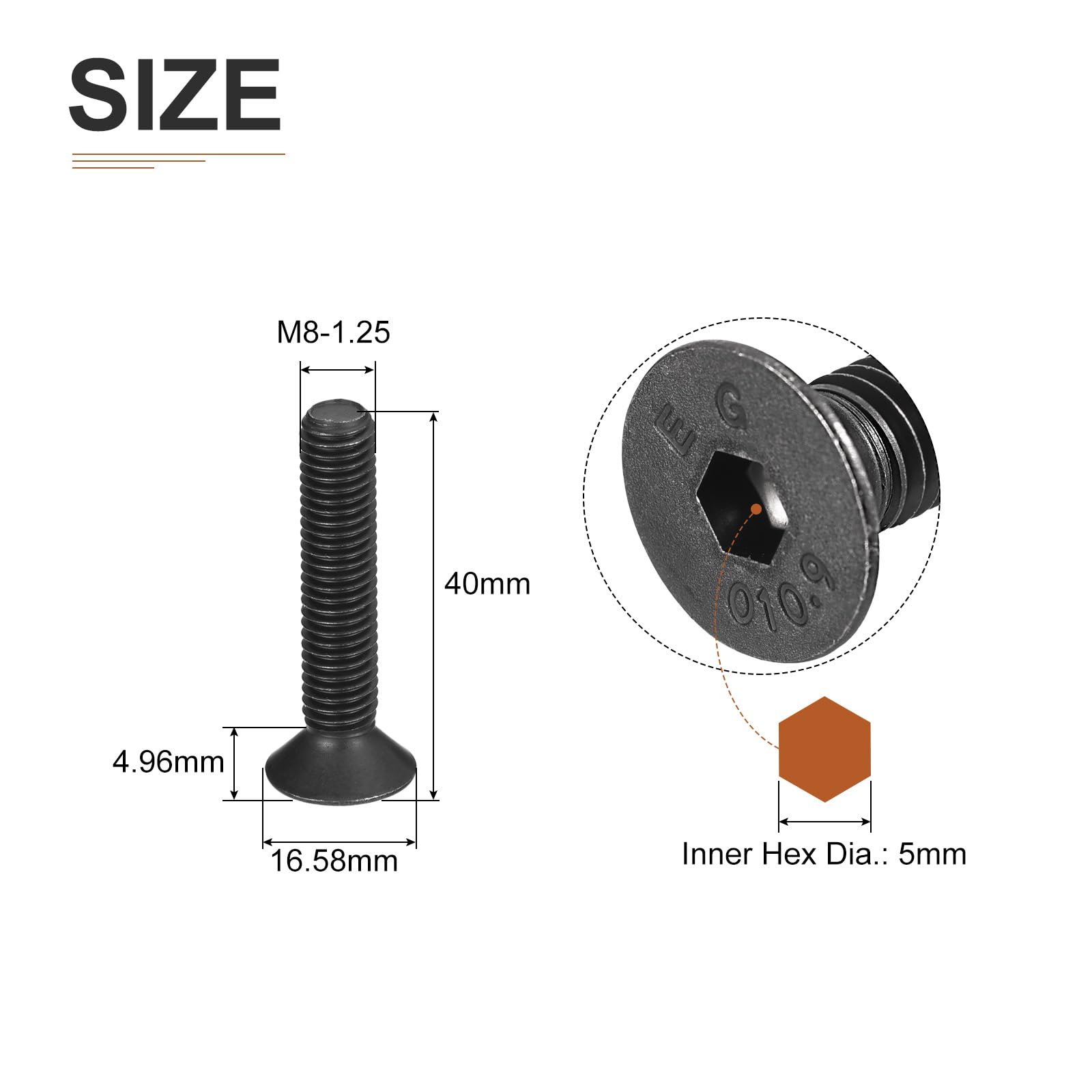 DTGN M8-1.25x40mm Flat Head Socket Cap Screws, 10 Pack Hex Socket Flat Head Screws Carbon Steel Black Oxide, Full Thread - Image 2