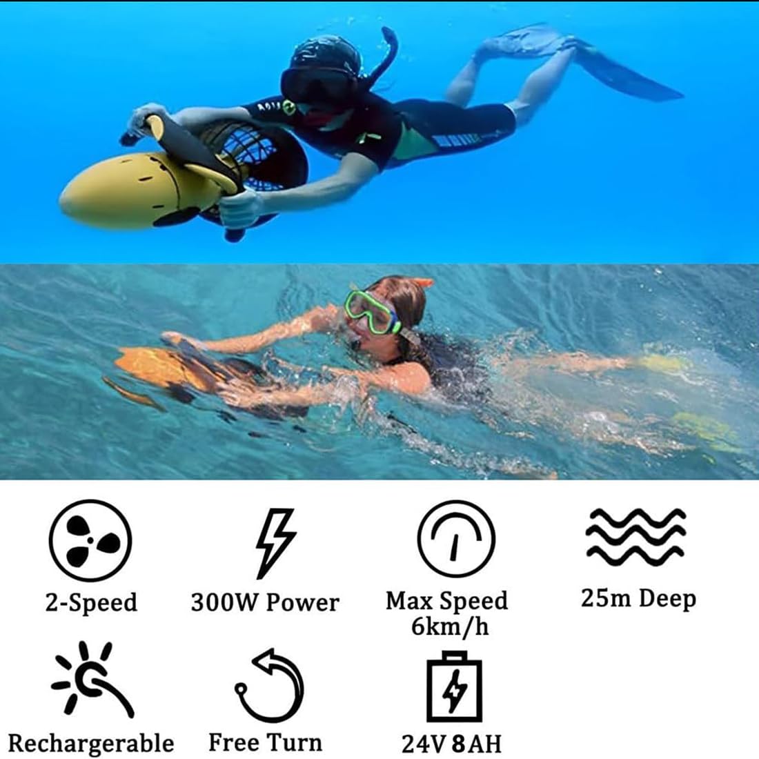 Scooter Elettrico subacqueo da 300 W, Booster sommergibile Portatile per Nuoto, Dispositivo subacqueo con elica ad Acqua per Piscine per Sport Acquatici, Immersioni, Snorkeling e Avventure Marine