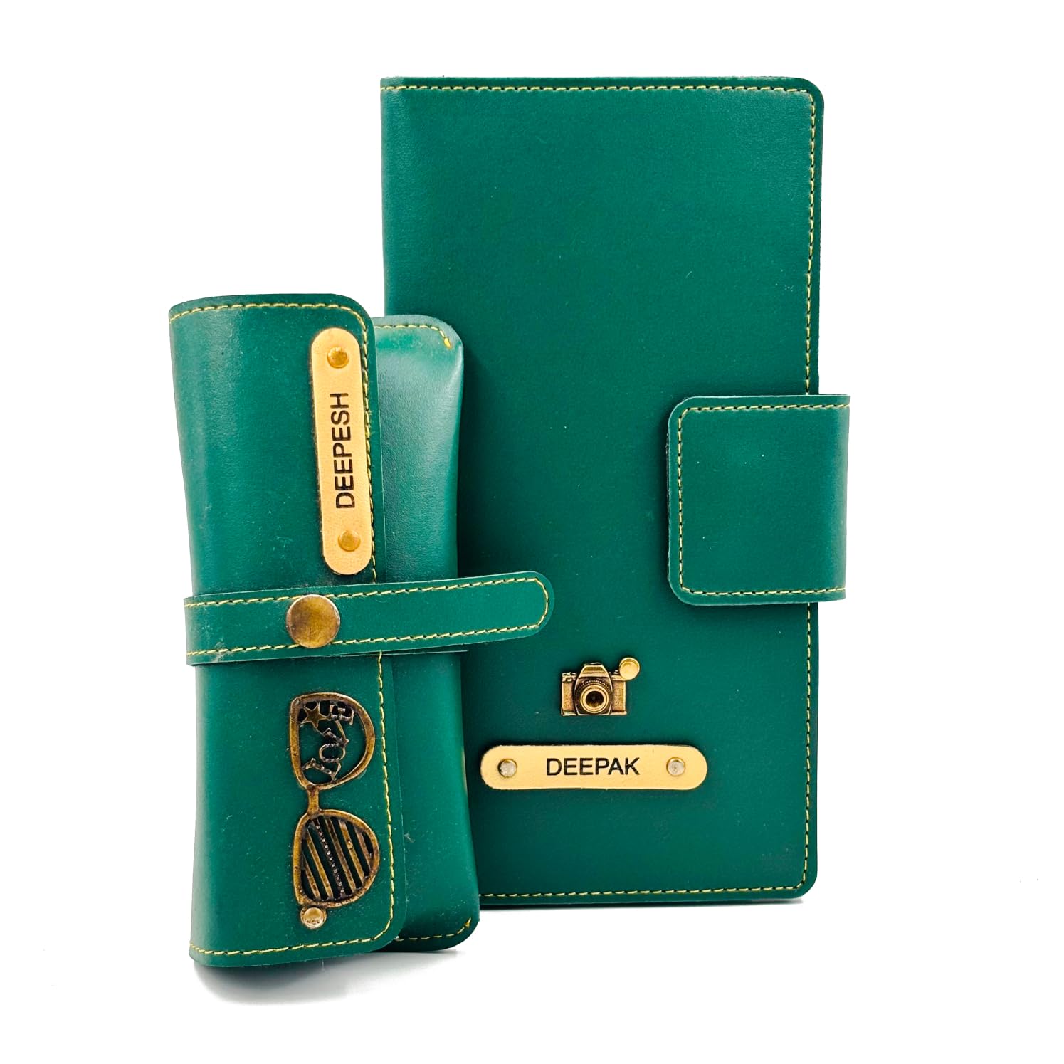 Customized Leather Travel Wallet with Glasses Cover | Personalized Travel Organizer Gift Set for Men and Women with Name and Charm (Green)-image-33