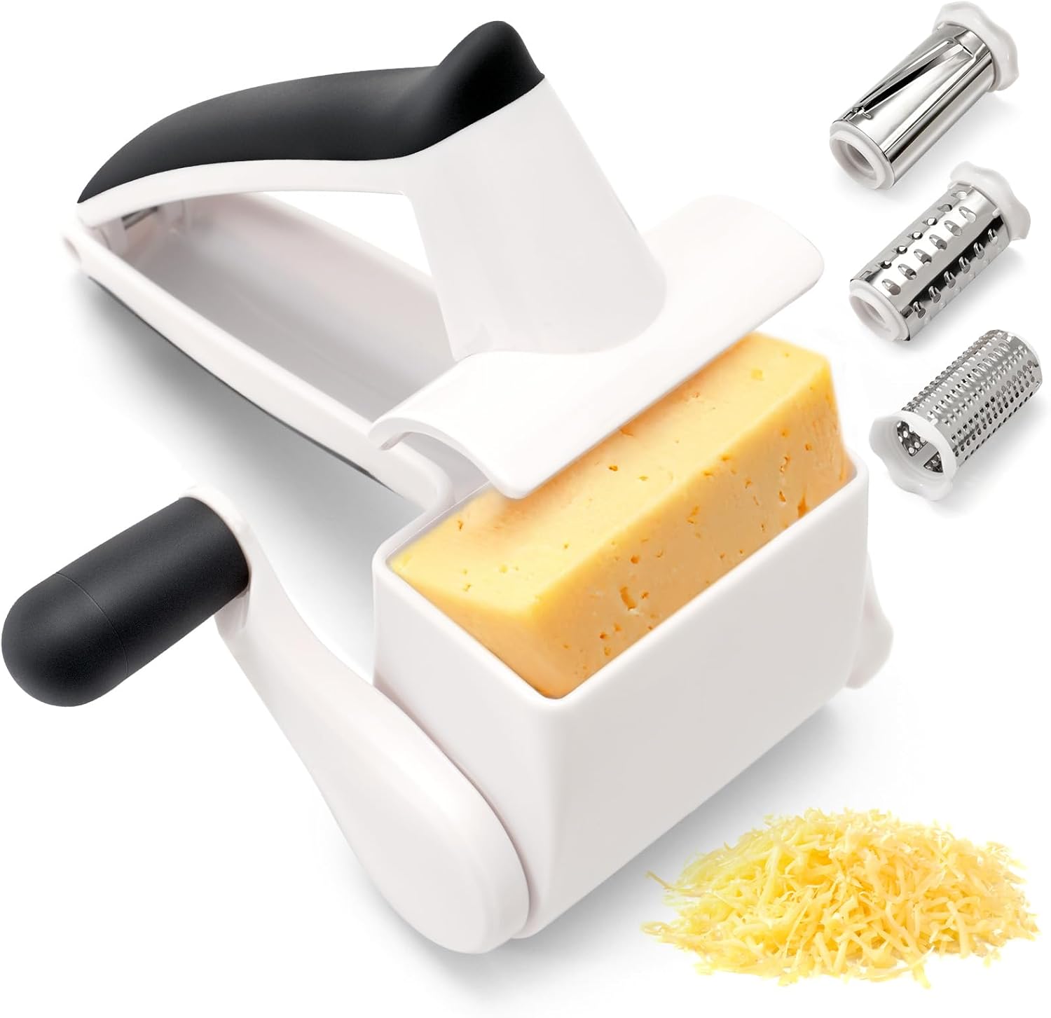 Rallador de queso con manivela de mano – 3 tambores de rejilla ajustables para queso parmesano y quesos duros – Resistente a roturas y fácil de