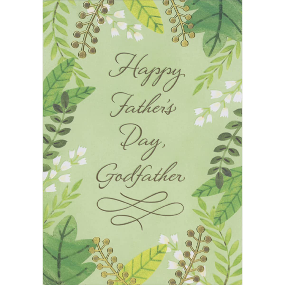 Designer Greetings Small White Flowers, Green Leaves and Gold Foil Plants on Light Green Religious Godfather Father's Day Card