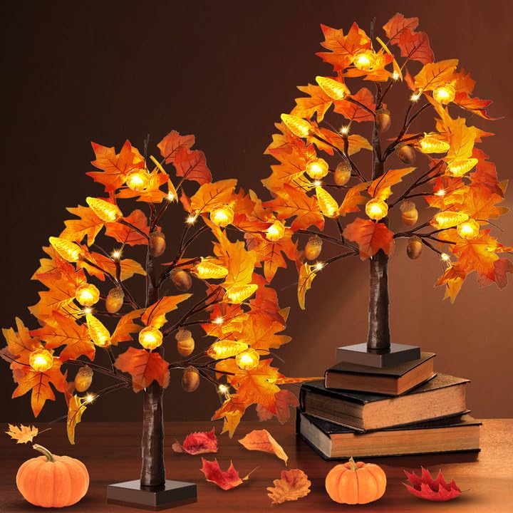Fall Tree with Lights Thanksgiving Decorations: 2 Pack 2 FT Artificial Maple Leaf Trees 24 LED Lighted Light Pumpkin with Acorns Pinecone Battery Operated Indoor Outdoor Home Table Room Autumn Decor