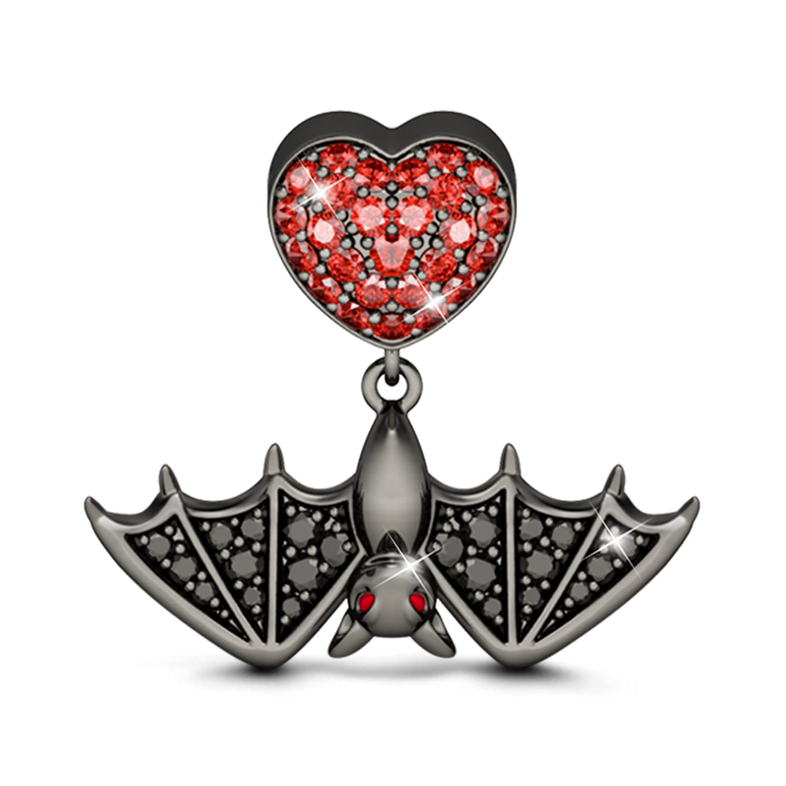 GNOCEBlack Bat Charms for Bracelets Sterling Silver with Cubic Zirconi Skull Heart Dangle Charm Beads Fit Bracelet/Necklace Jewelry Gift for Women Girls