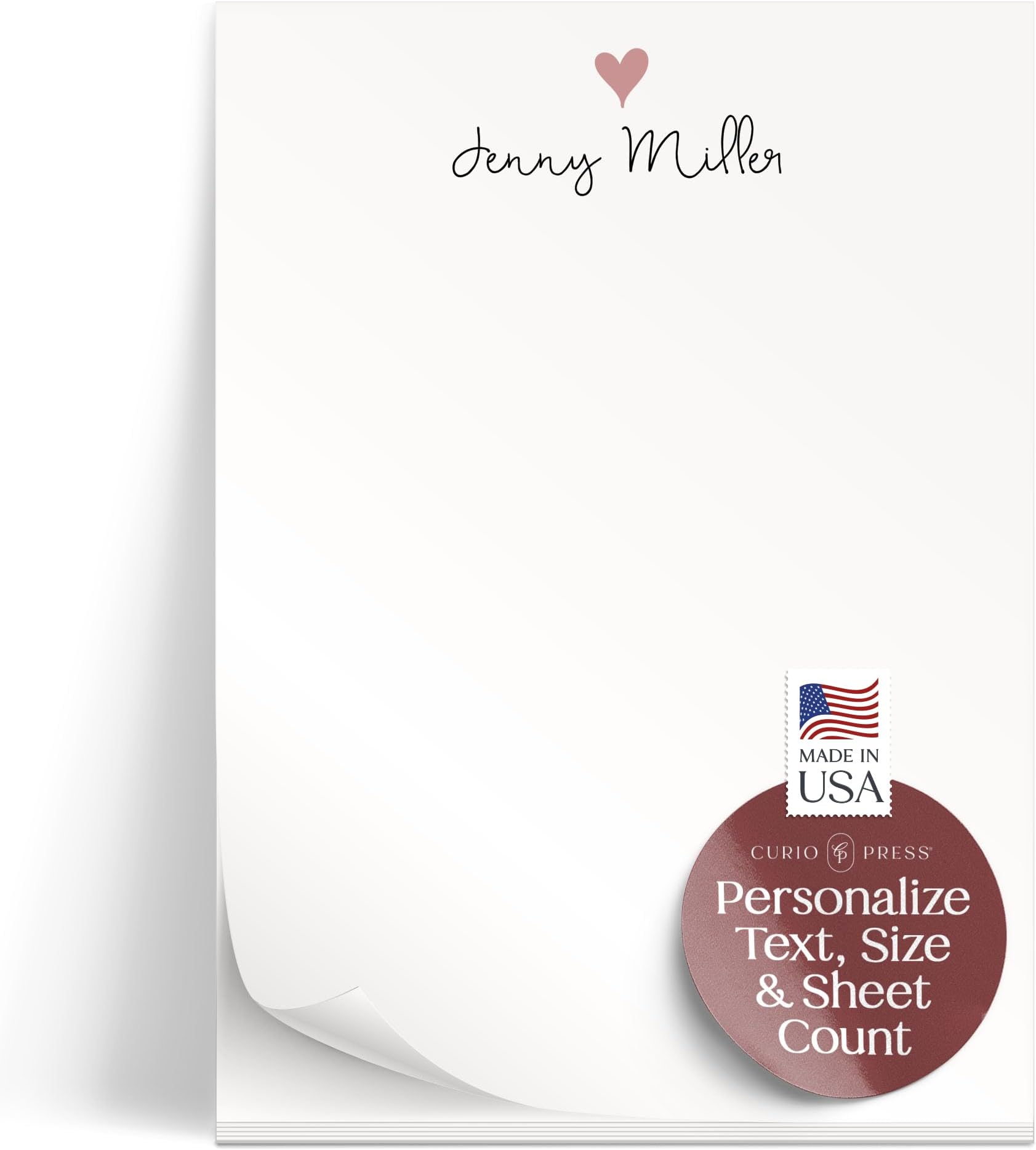 Personalized Stationery Notepads for Women and Men, 50 to 100 Sheets Custom Notepads Personalized with Name & Contact Info Custom Stationary Note Pads for Memo, To Do List - Lovely Heart Pad