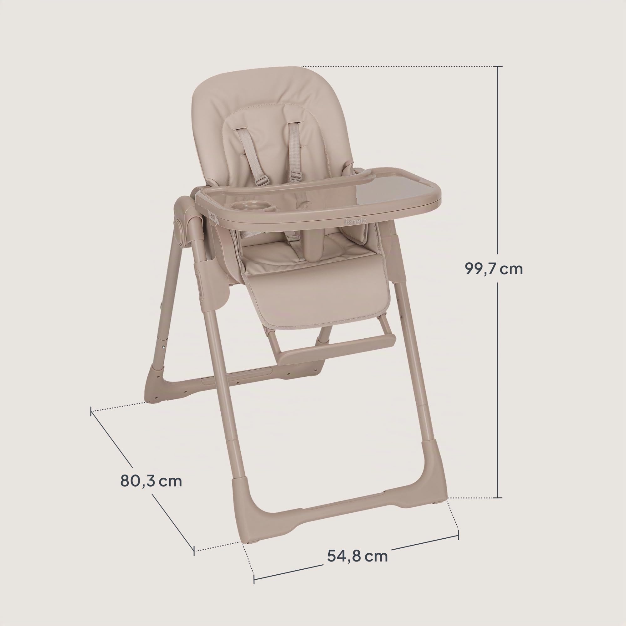 LIONELO Linn Plus chaise haute bebe jusqu'à 15 kg, deux plateaux amovibles, ceintures à 5 points, réglage de la hauteur du siège du dossier et du plateau