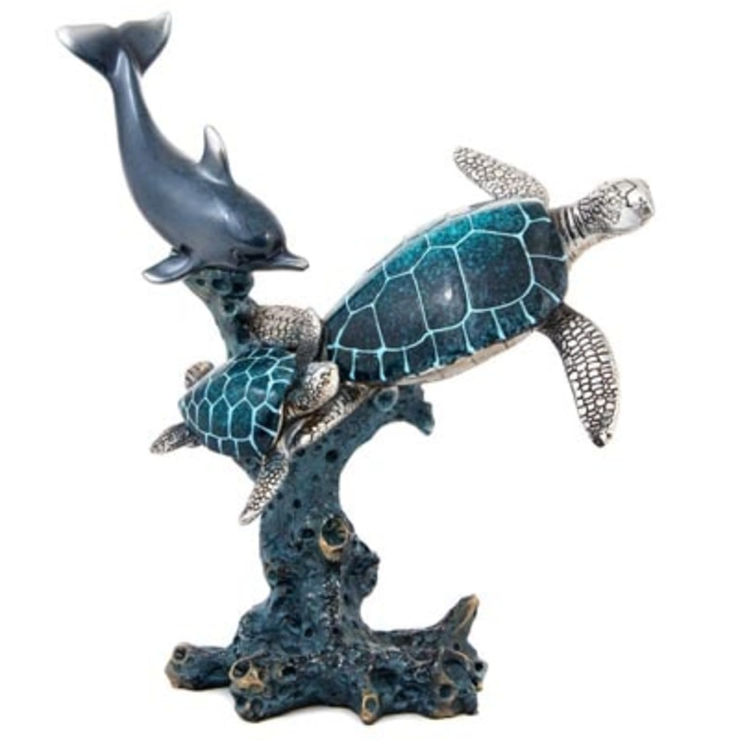 Dolphin Turtles Statue Swimming on a Coral Reef Base - 2 Turtle Decor for Home Tabletop