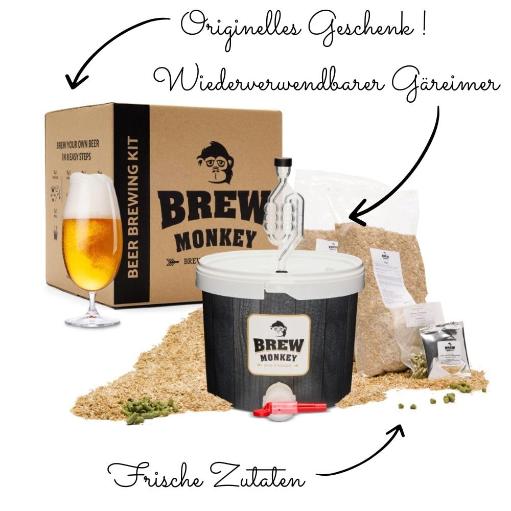 Brew Monkey® Bierbrauset Helles | Basic Set 5 Liter Bier | 5,7% Vol. | Bier Brauen Set | Männergeschenke | Bier Geschenke für Männer| Geschenke für Papa