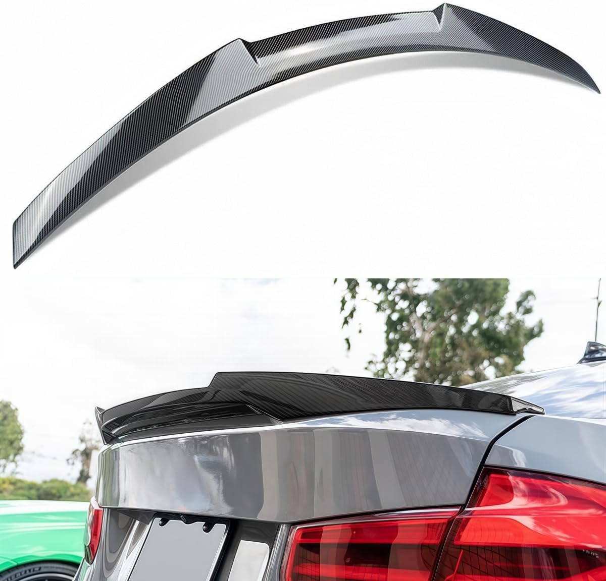 rear spoiler compatible with 2012-2018 bmw f30 3 series & 2014-2019 f80 m3 sedan, carbon fiber pattern mv style duckbill for 318i 320i 325i 328i 330i 335i 340i, trunk high kick wing lip