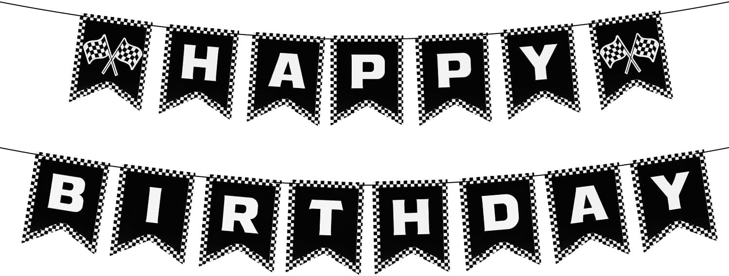 Race Car Happy Birthday Banner, Racing Cars Party Decorations Black and White Checkered Racing Banner Race Checkered Flag Supplies for Party Birthday