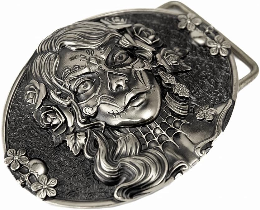 Sugar skull woman german silver belt buckle, Santa Muerte, Santa Catarina, Skull El Día de Muertos, mexican The Day of the Dead accessory for men and women, solid belt buckle