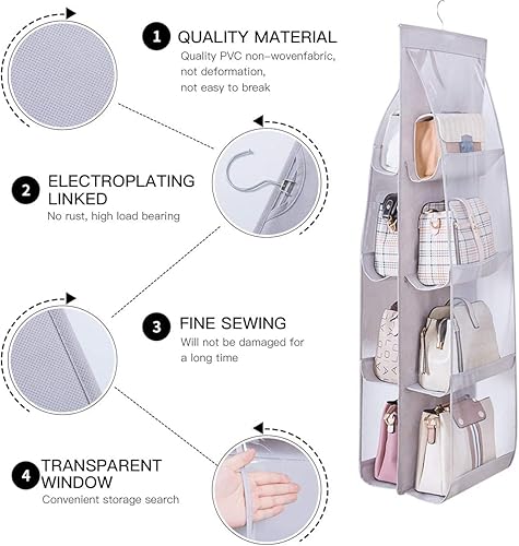 Miniatura 5 de Bolsa colgante de tela de doble cara para colgar bolsas, con colgador de metal giratorio de 360 (rosa (8 rejillas)