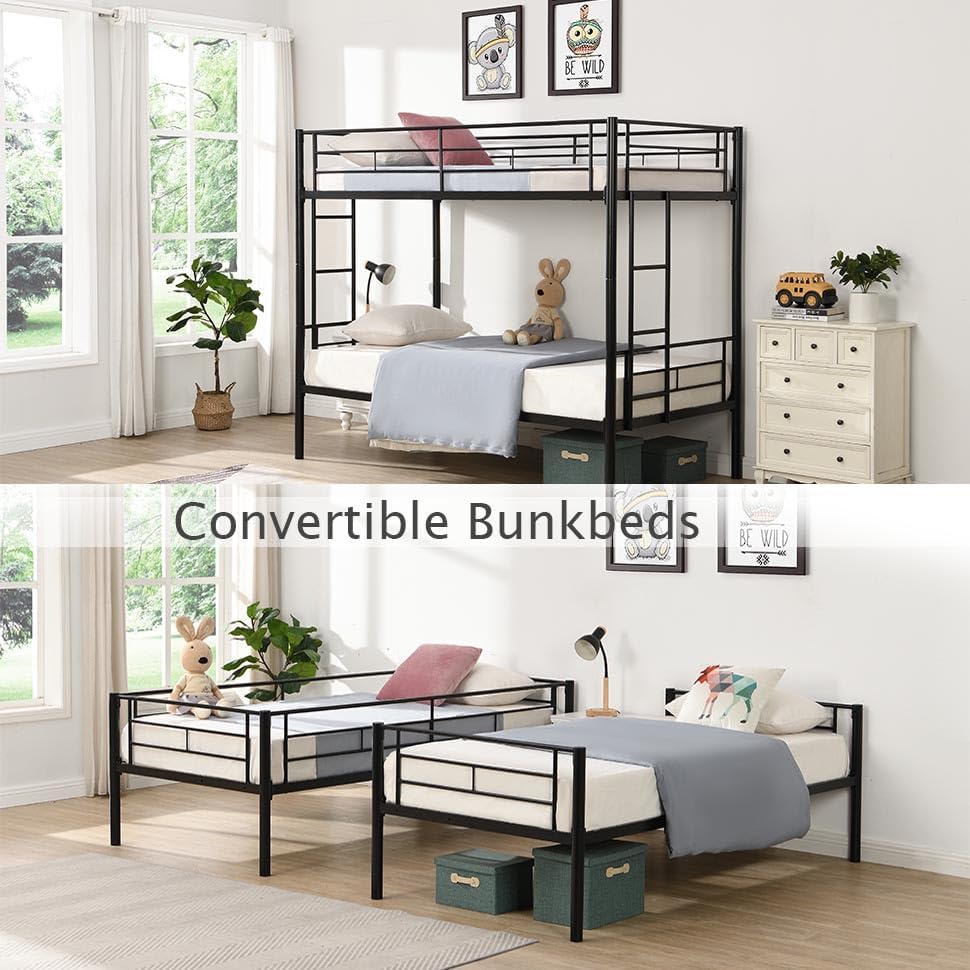 Convertible Twin Metal Bunk Bed with Safety Guardrails