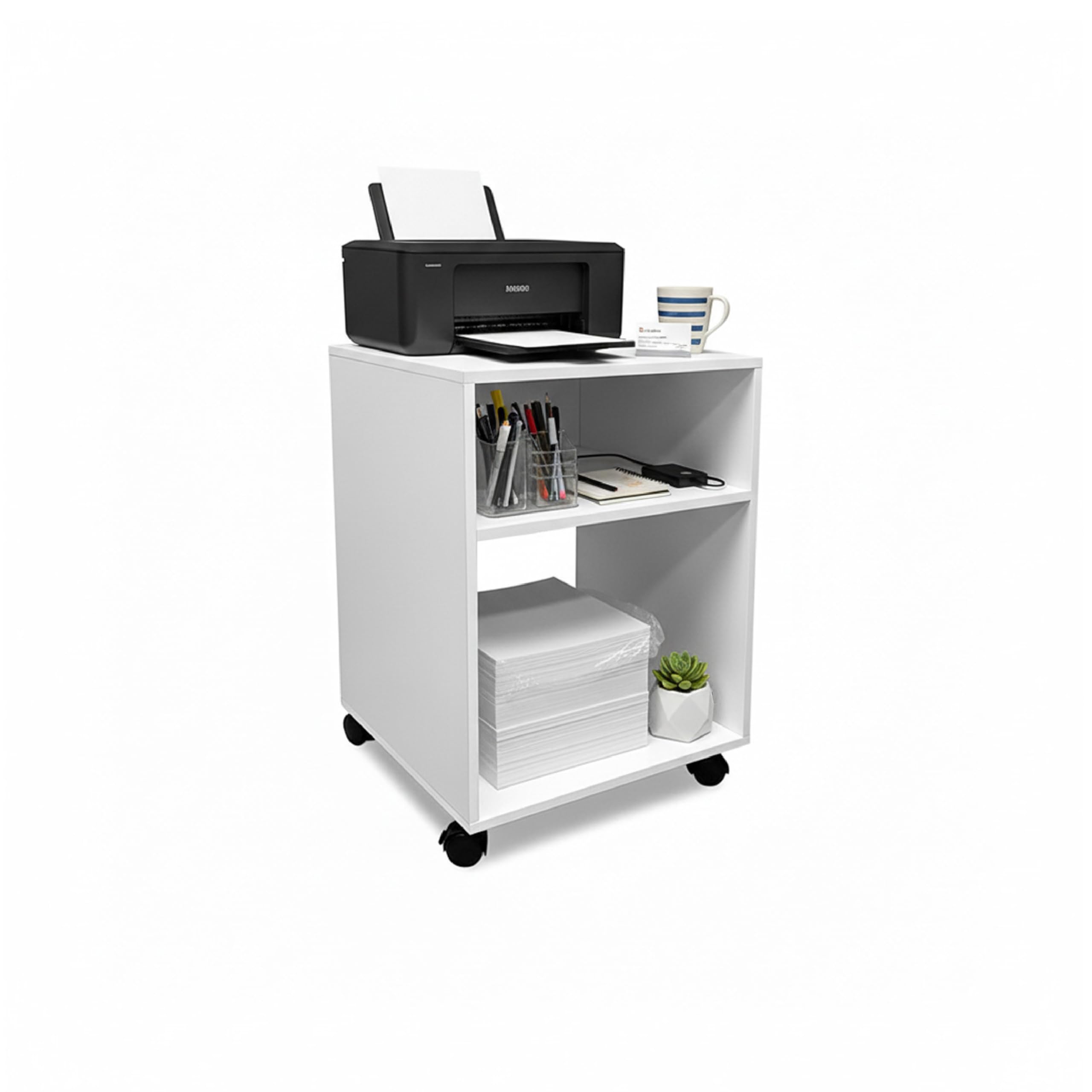 Baroni Home Carrello Ufficio Bianco con 4 Rotelle Girevoli a 360°, Mobiletto Organizer 2 Scomparti per Stampante e Cancelleria, Struttura in MDF Resistente, Montaggio Facile, 35x40x55 cm