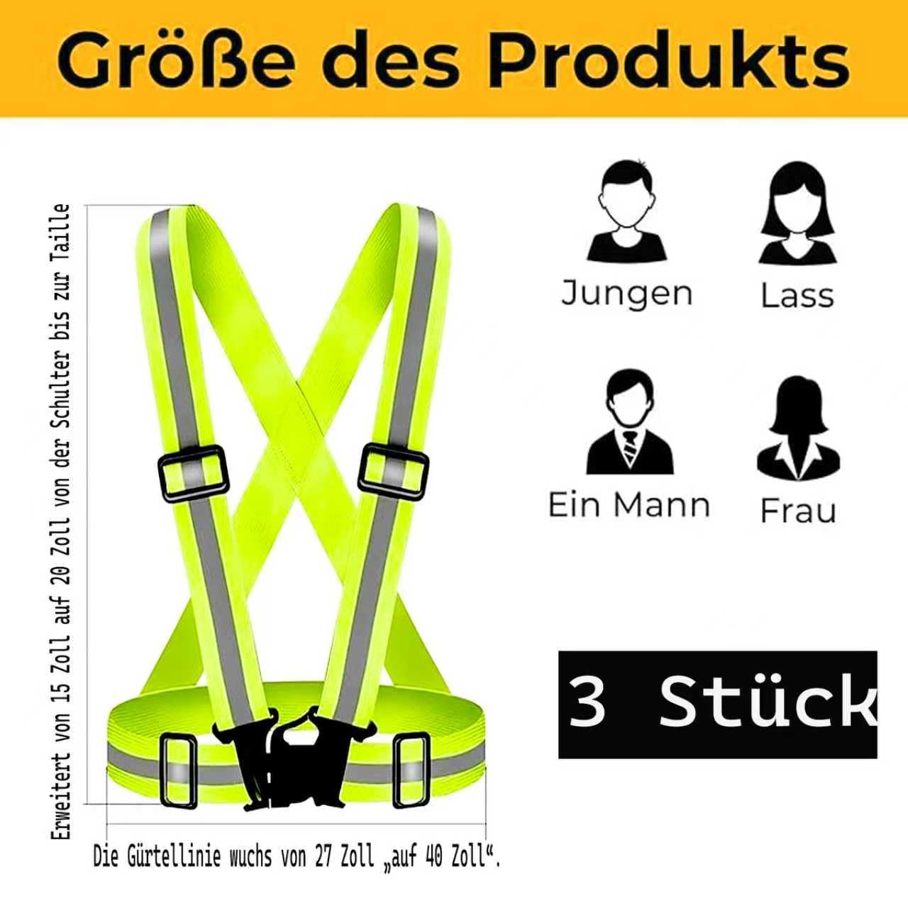 Warnweste Fahrrad 3er Set, Reflektierende Sicherheitsweste Verstellbar | 3 verstellbare Warnwesten mit Reflektorbändern für 360° Sichtbarkeit beim Radfahren, Laufen und Outdoor-Aktivitäten