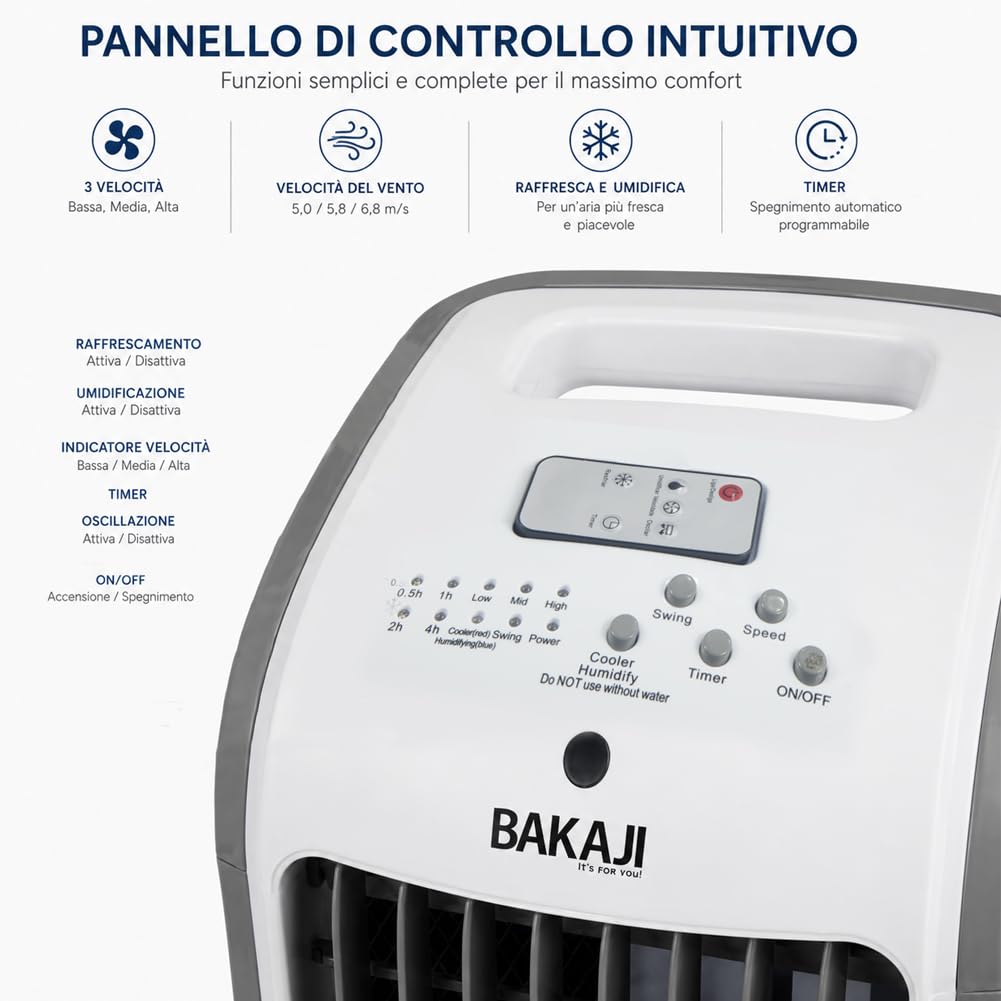 BAKAJI Raffrescatore ad Aria Fredda con 2 Blocchi Refrigeranti e Telecomando per Controllo da Distanza, Serbatoio 4 Litri, Air Cooler Silenzioso, Oscillazione Automatica 60°, 25 x 26.5 x 57 cm