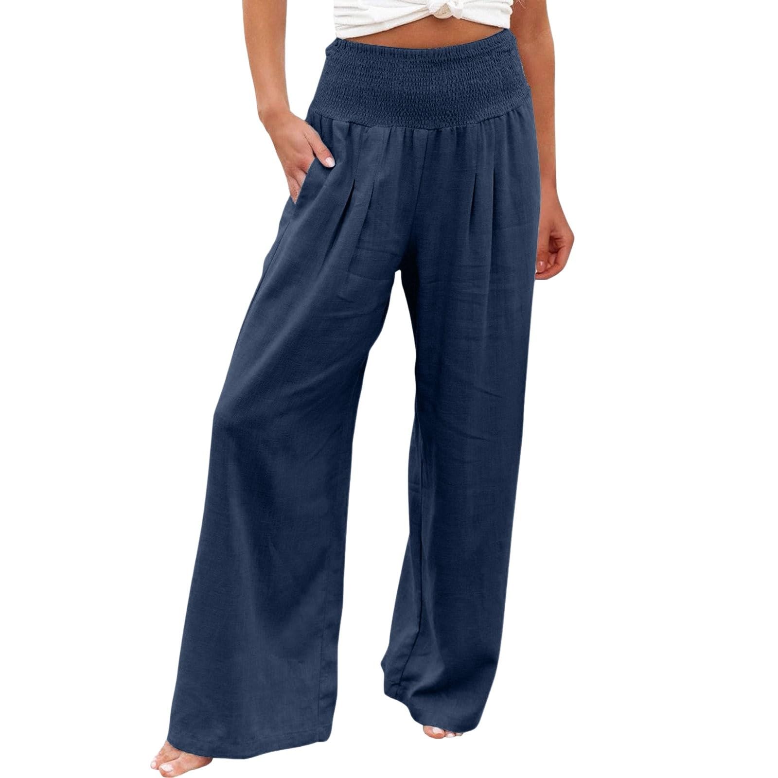 Generisch Pantalon d'été léger pour femme - Taille haute - Taille élastique - Pantalon en tissu - Avec jambes larges - Style décontracté - Avec poches - Couleur unie - En coton - Aéré