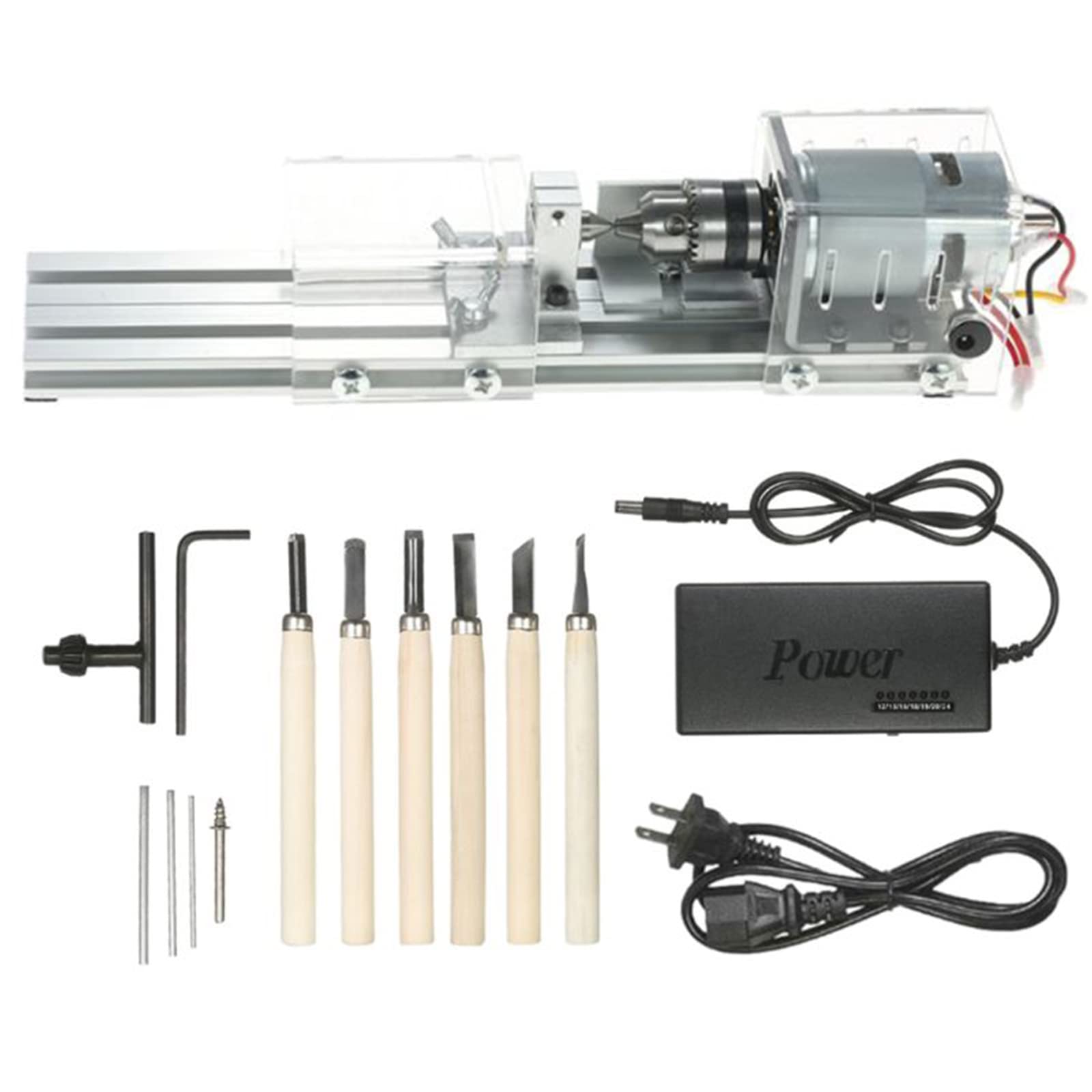 Mini Torno para Madera, Mini Torno de Madera for Bricolaje, pulidora de Cuentas, Amoladora, 100 W, CC 12 V-24 V, 9000 RPM, 7 velocidades, Juego estándar