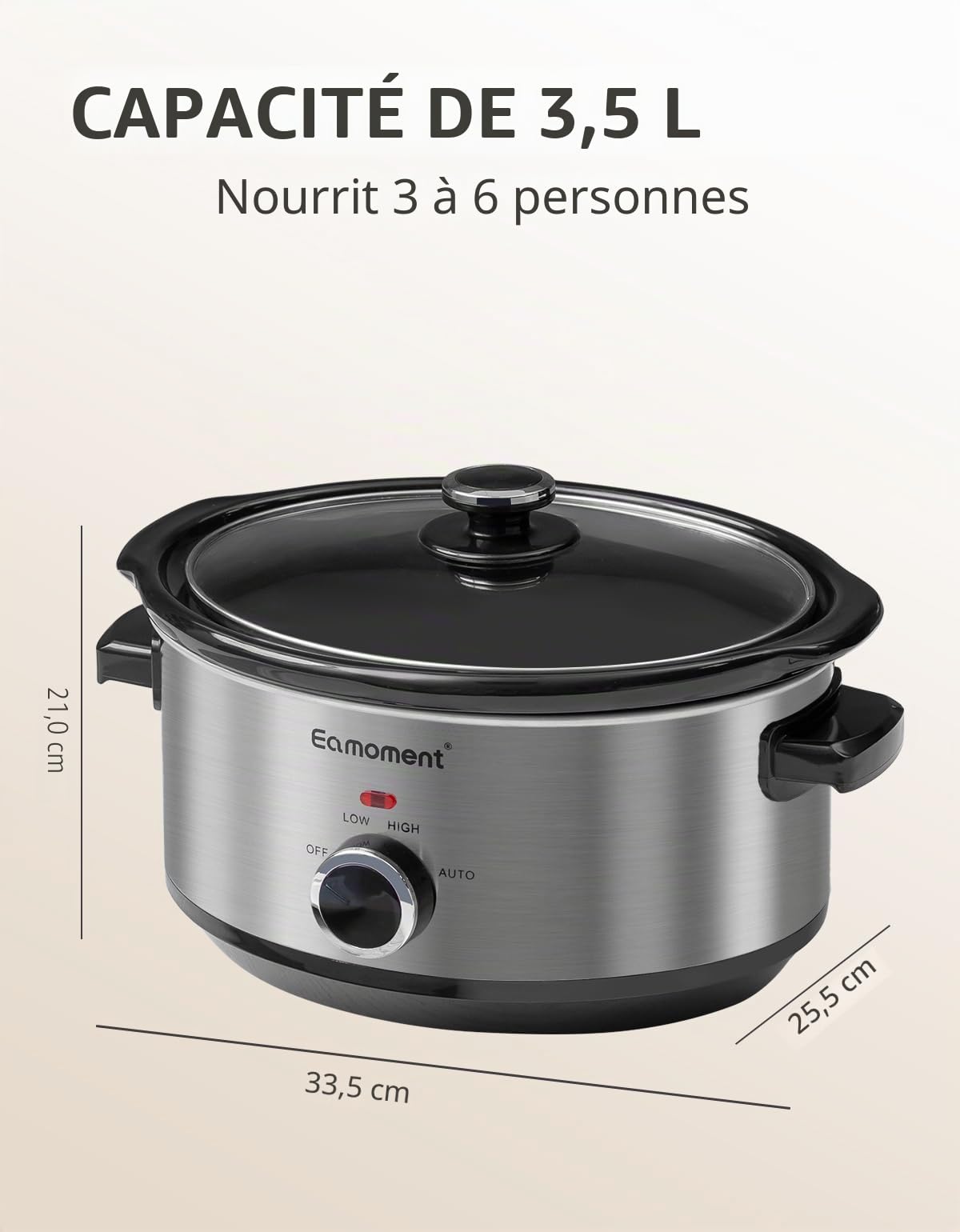 ESC-35A-OSSL 3,5L|200 W Slow Cooker avec 3 niveaux de chauffage et indicateur de puissance, passe au lave-vaisselle et avec poignées de transport, argenté