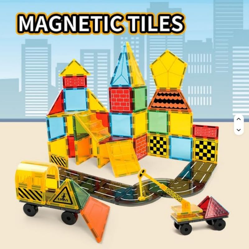 Image of 35 PCS Magnetic Tiles Construction Building Blocks Set with Crane | Colorful Magnetic Blocks | STEM Educational Learning Toy for Kids Boys & Girls Age 3+