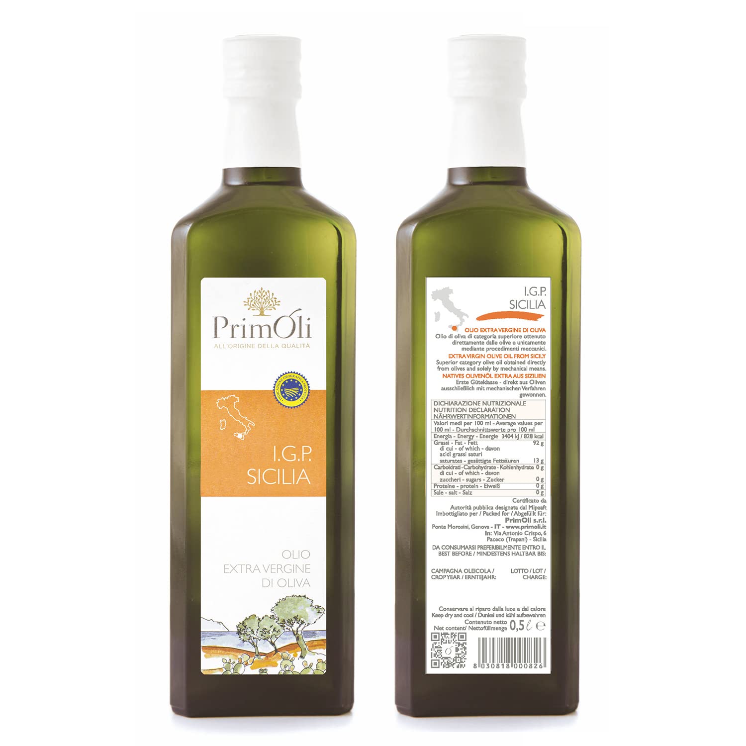 PrimOli Kaltgepresstes Olivenöl I.G.P. SICILIA von der italienischen Insel Sizilien, fruchtig, ideal zu Gemüsesaucen, gegrilltem Fisch und Frischkäse wie Ricotta, 3x500 ml