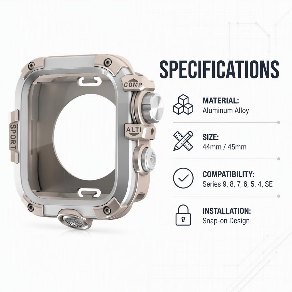 Custodia Protettiva in Lega di Alluminio con Protezione per Lo Schermo, Colore Argento Stellato, per Apple Watch da 45 mm. (Foriwatch44mm)