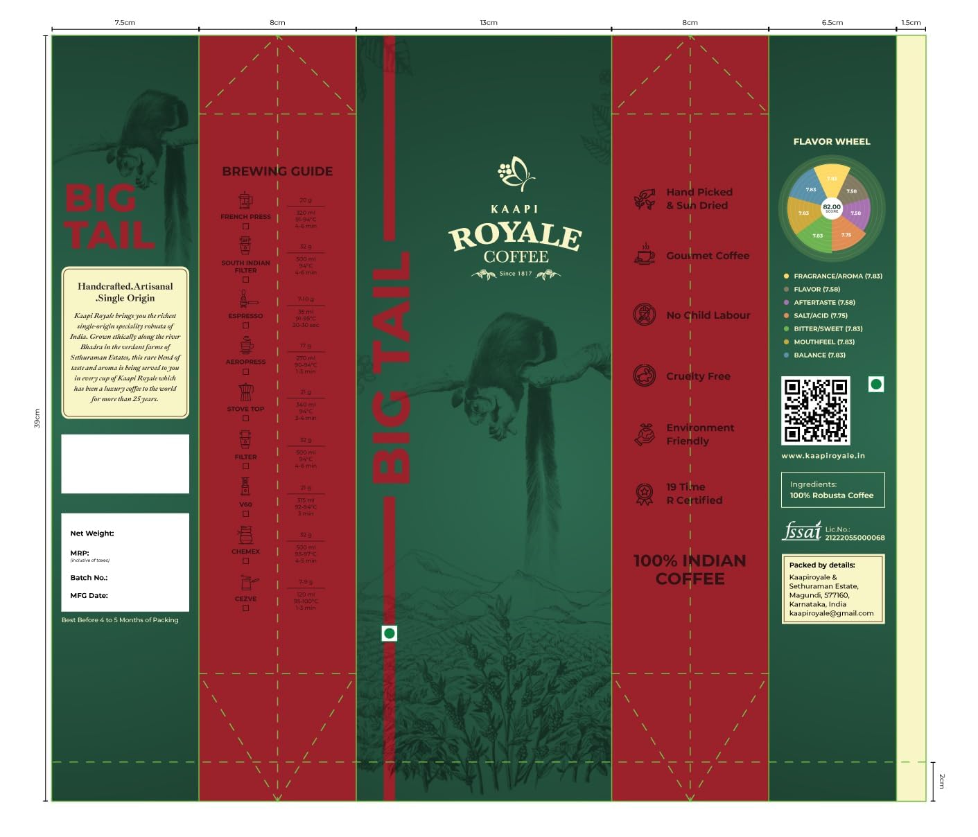 KAAPI ROYALE Big Tail Whole Roasted 100% Robusta Blend Coffee Hand Picked Sun Dried Coffee Strong Flavour 250 Gram