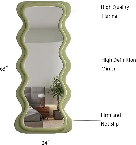 Miniatura 5 de Espejo irregular de longitud completa, 63 x 24 pulgadas, marco de madera envuelto en franela, espejo de pared ondulado irregular para