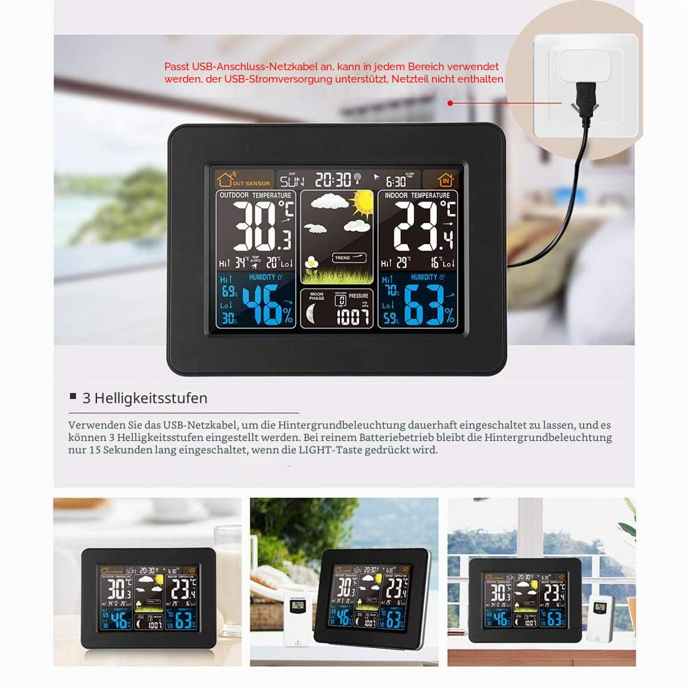 Kabellose Wetterstation, digital, bunt, Wettervorhersage, Uhr mit Außensensor, Innen-Außen-Thermometer mit Uhrzeit, Datum, Temperatur, Luftfeuchtigkeit, Barometer, Alarm, Mondphasenanzeige, Wetteruhr
