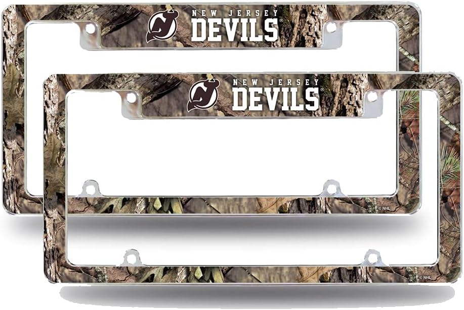 New Jersey Devils Chrome Metal (Set of 2) License Plate Frames with Mossy Oak Camouflaged Camo Design