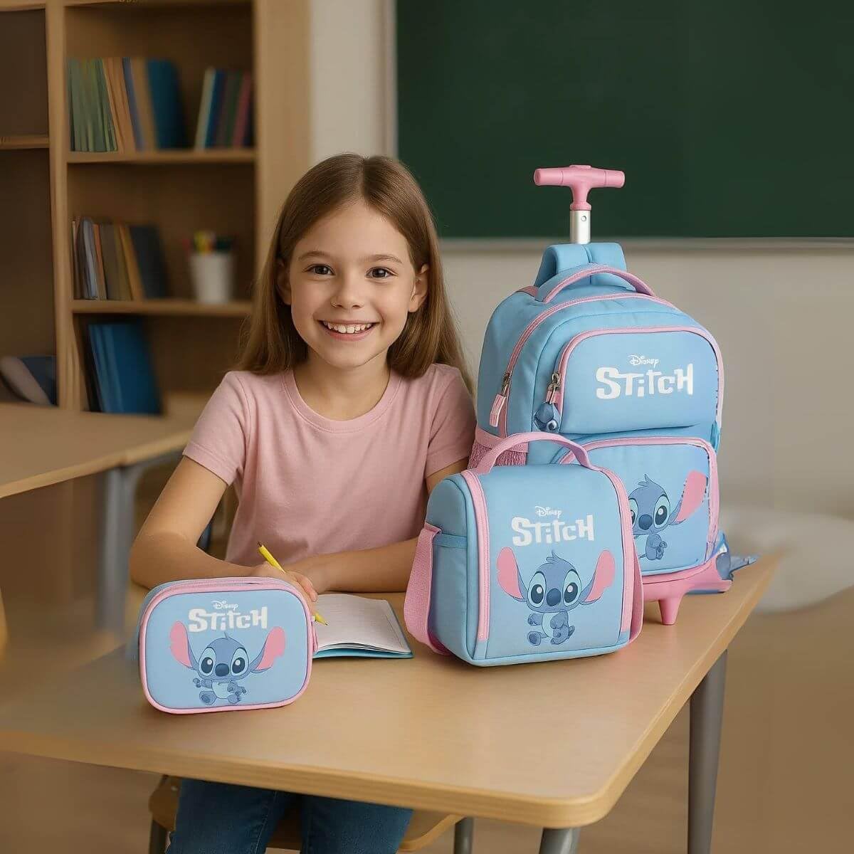 Mochila Infantil Rodinhas Stitch com Lancheira e Estojo 100 Pens Azul em promoção! Veja a oferta e mais achadinhos de Mochilas escolares 3 Hoje é o melhor dia para comprar Mochila Infantil Rodinhas Stitch com Lancheira e Estojo 100 Pens Azul com aquele preço maroto! Promoção! Aproveite a oferta! 3
