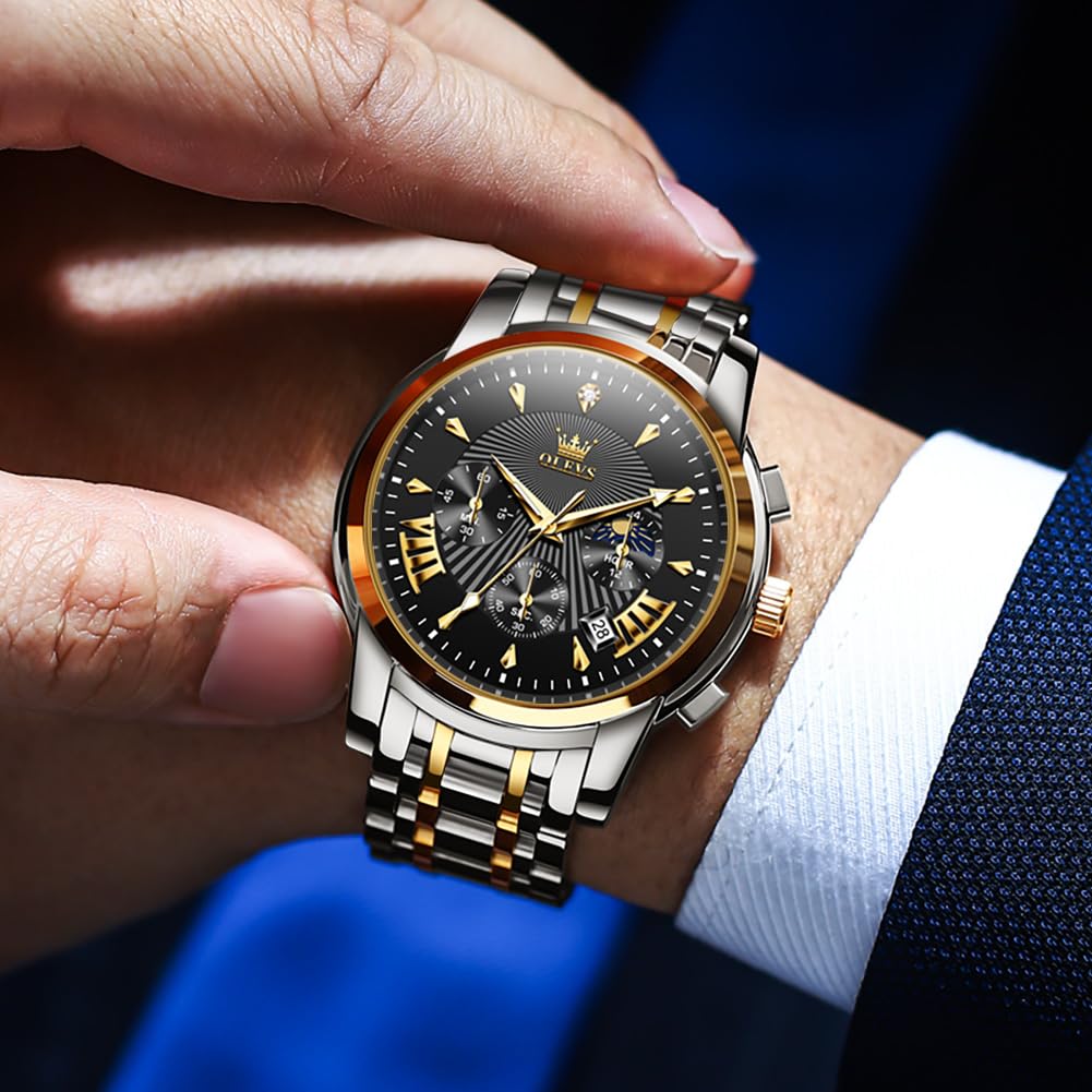 OLEVS Watches for Men Luxury Analog Quartz Big Face Stainless Steel Multifunctional Waterproof Date Two Tone Fashion Dress Wrist Watches for Man