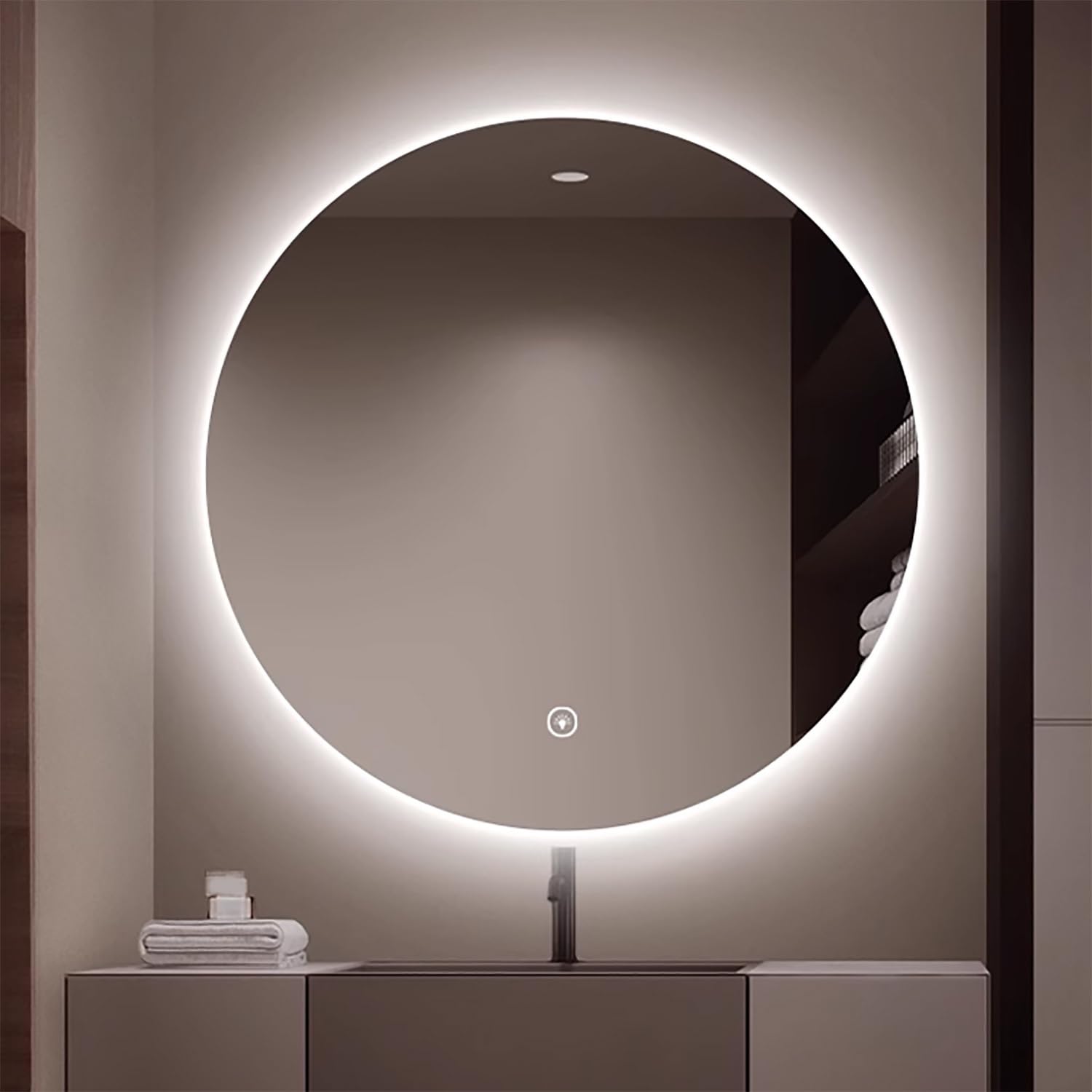 BKSXSOP Illuminated Round Bathroom Mirror, 110x110cm Dimmable Wall Makeup 3 Light Colors, Anti-Fog Feature, Perfect for Vanity and Grooming (70x70cm)