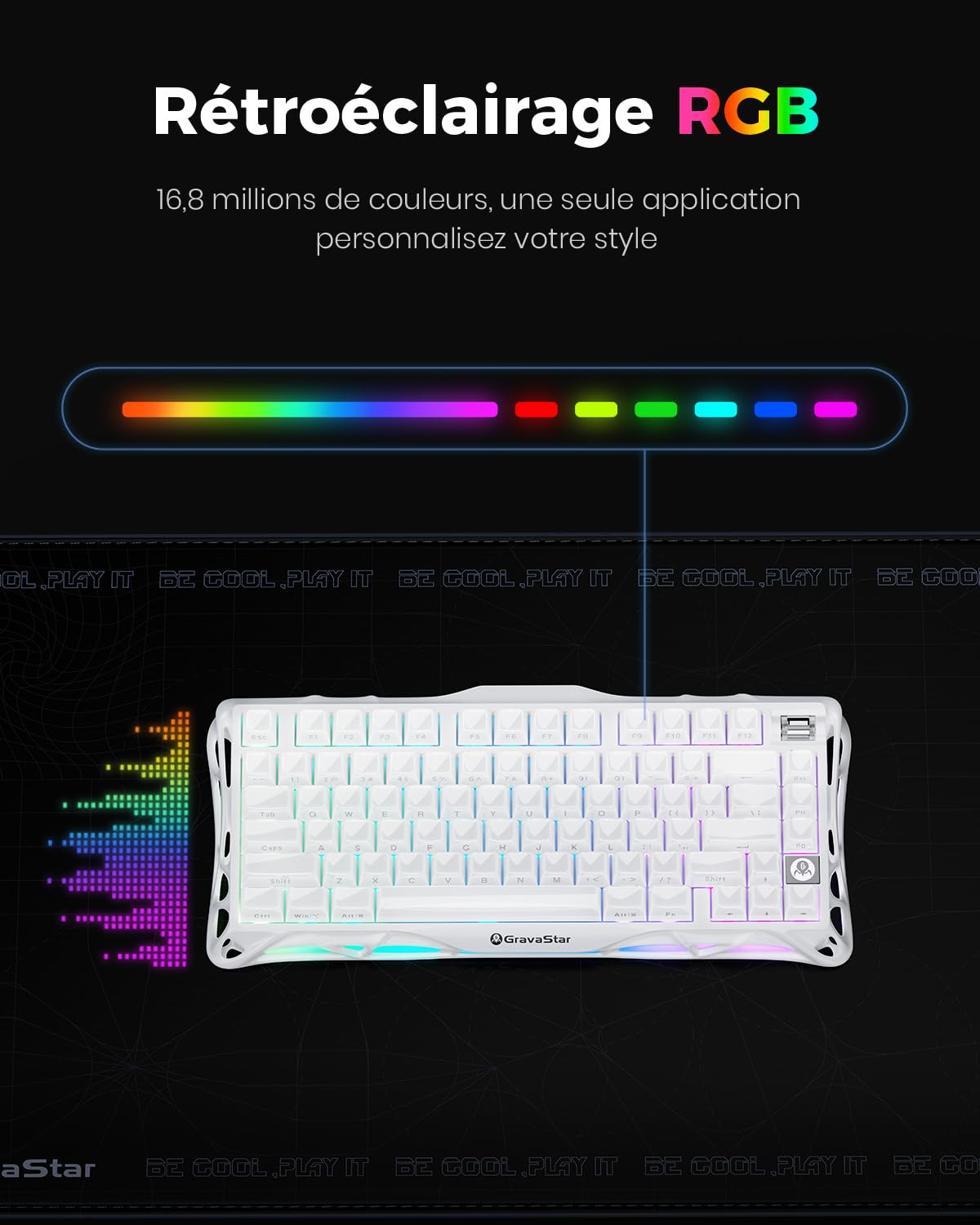 GravaStar Mercury K1 Clavier Gamer sans Fil en Aluminium, 75% Clavier Mecanique de Jeu Hot Swap, Tri Mode 2.4Ghz/Bluetooth/Filaire,Switchs Pré-lubrifiés, Gravur Latéral, RGB+Macro,Windows/Mac-Blanc
